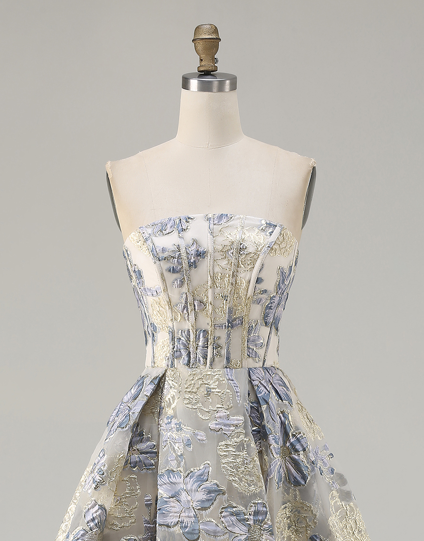 Floral Dusty Blue Strapless Long Corset A Line Prom Dress with Slit