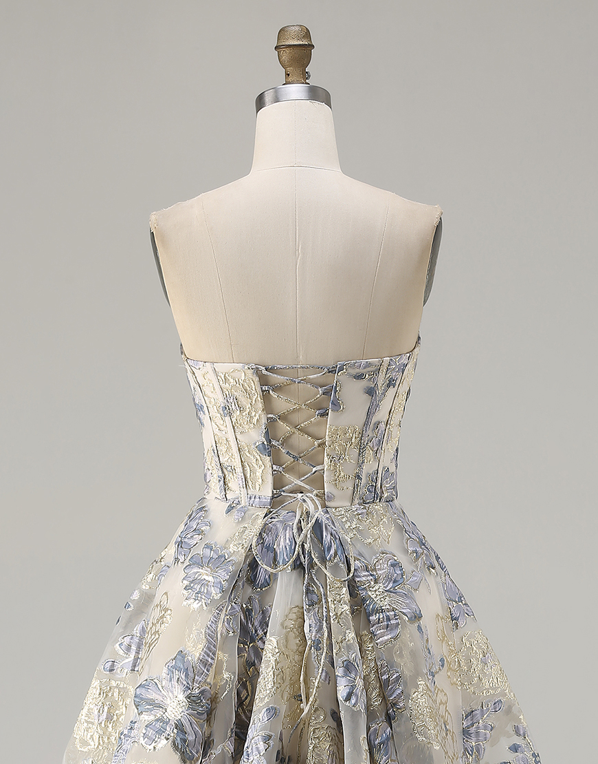 Floral Dusty Blue Strapless Long Corset A Line Prom Dress with Slit