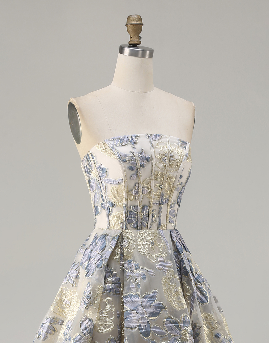 Floral Dusty Blue Strapless Long Corset A Line Prom Dress with Slit