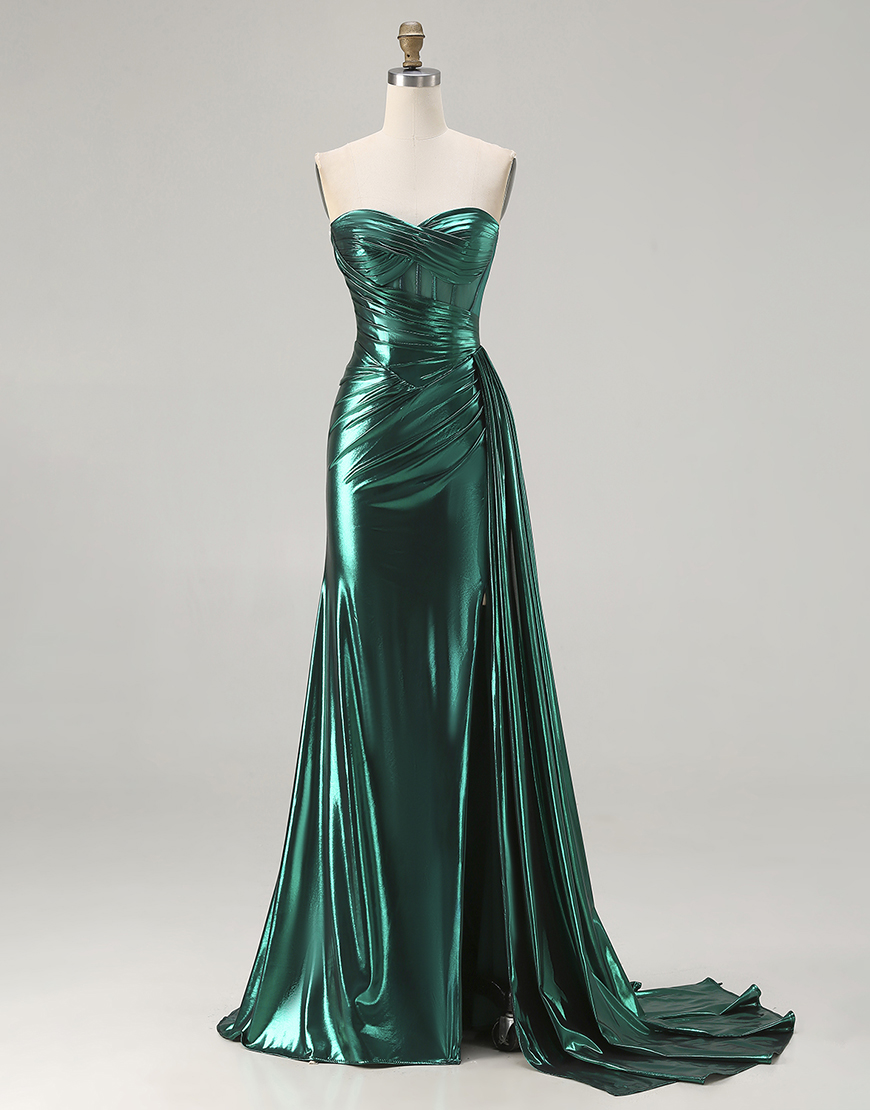 Sparkly Dark Green Mermaid Strapless Long Corset Prom Dress with Slit