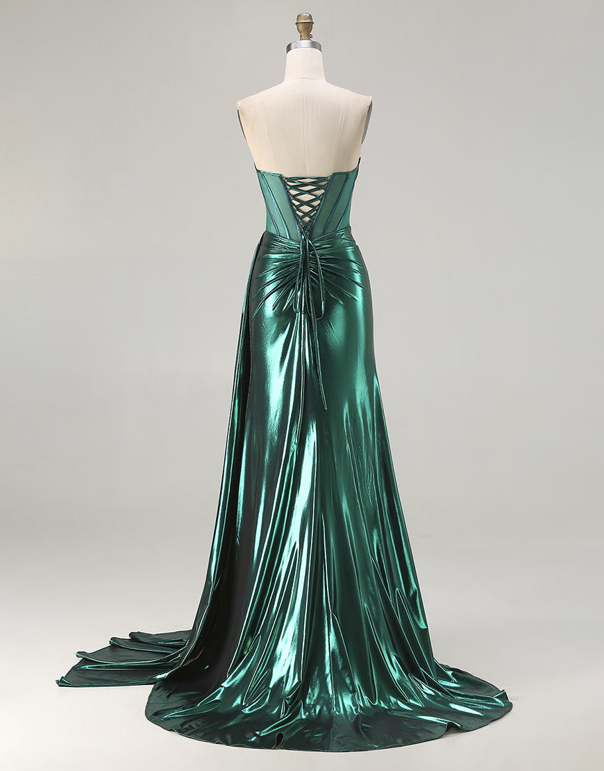 Sparkly Dark Green Mermaid Strapless Long Corset Prom Dress with Slit