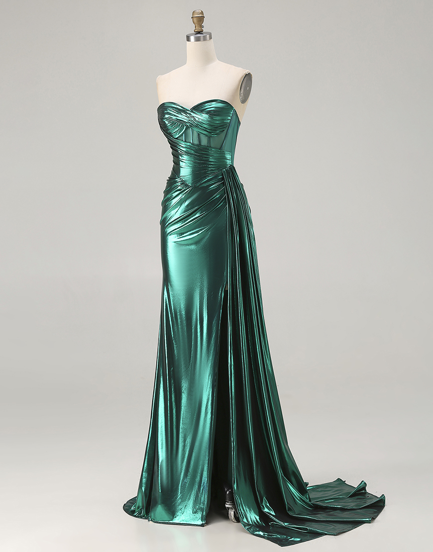 Sparkly Pink Corset Ruched Long Mermaid Prom Dress with Slit