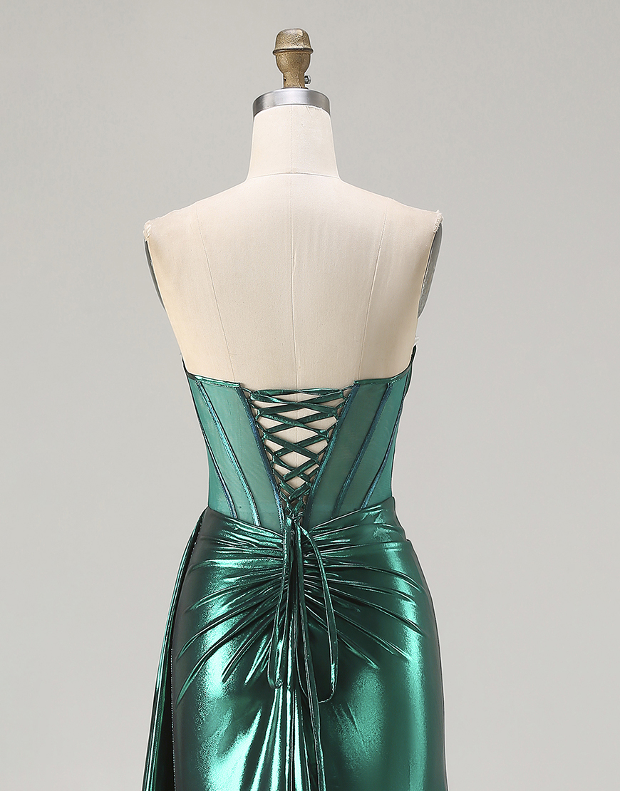 Sparkly Pink Corset Ruched Long Mermaid Prom Dress with Slit