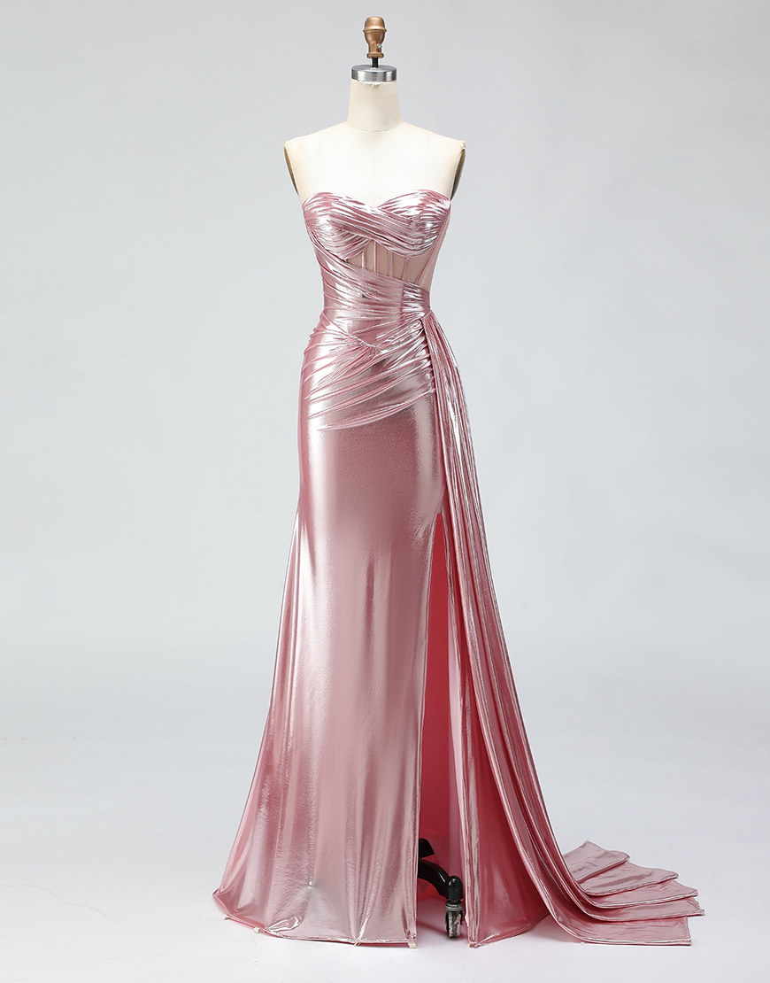 Sparkly Pink Corset Ruched Long Mermaid Prom Dress with Slit