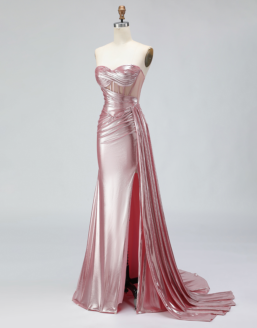 Sparkly Dark Green Mermaid Strapless Long Corset Prom Dress with Slit