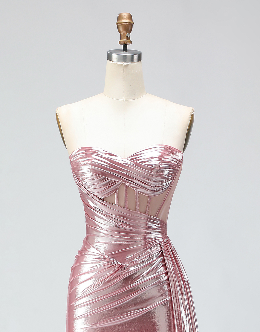 Sparkly Pink Corset Ruched Long Mermaid Prom Dress with Slit