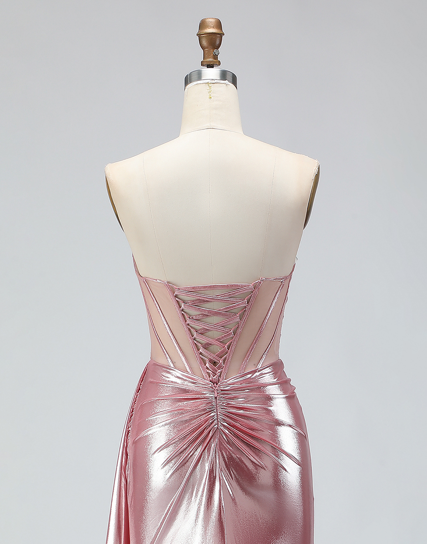 Sparkly Pink Corset Ruched Long Mermaid Prom Dress with Slit