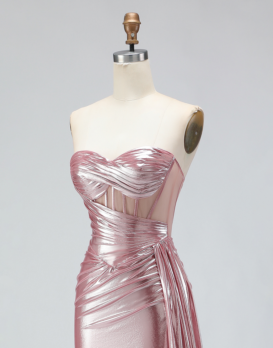 Sparkly Pink Corset Ruched Long Mermaid Prom Dress with Slit