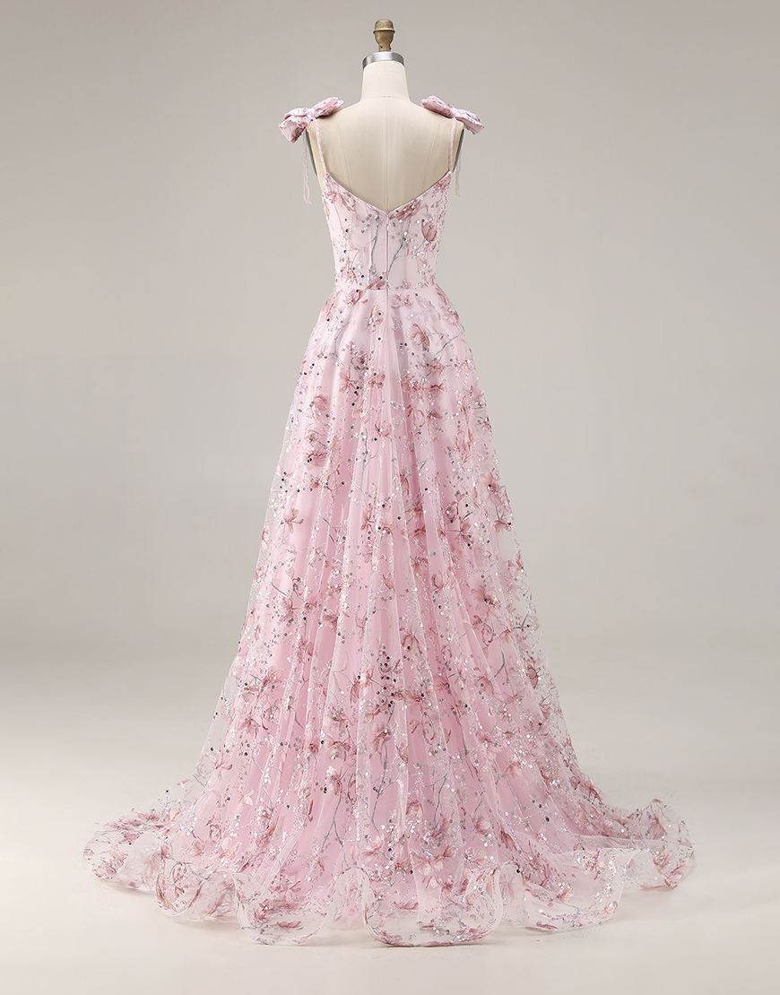 Sparkly Pink Sequin Spaghetti Straps Floral Long Prom Dress with Bows