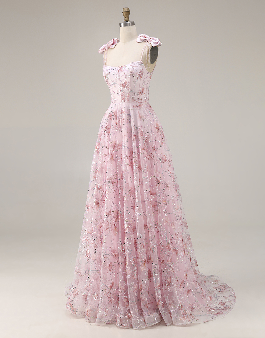 Sparkly Pink Sequin Spaghetti Straps Floral Long Prom Dress with Bows