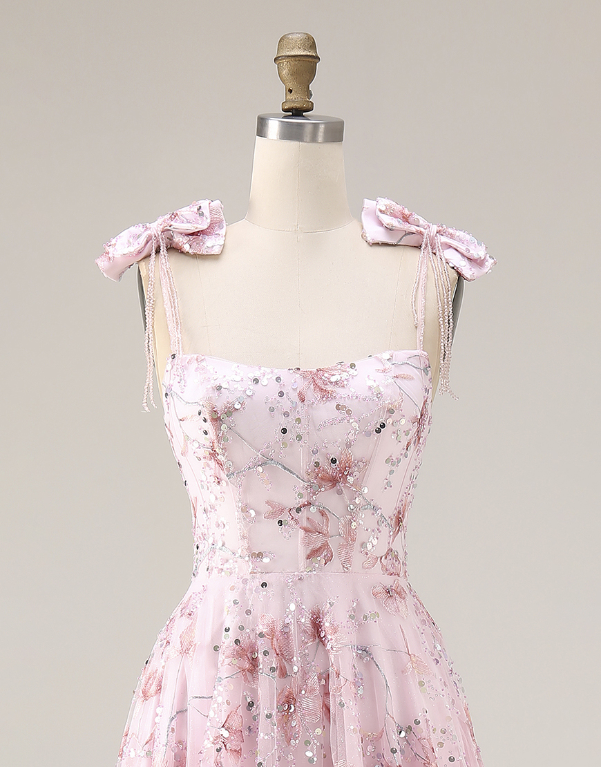 Sparkly Pink Sequin Spaghetti Straps Floral Long Prom Dress with Bows