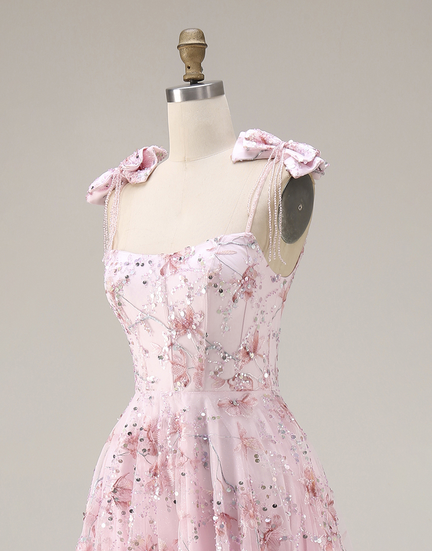Sparkly Pink Sequin Spaghetti Straps Floral Long Prom Dress with Bows