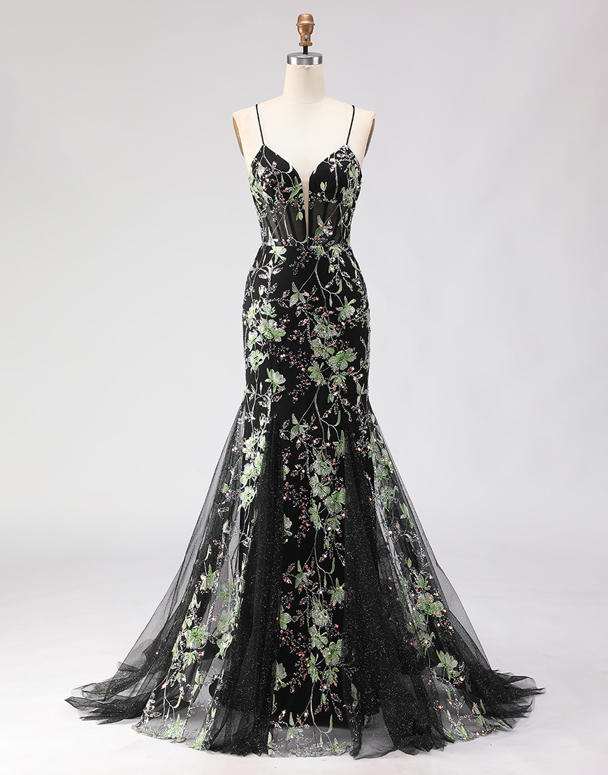 Sparkly Floral Black Beaded Corset Spaghetti Straps Long Prom Dress