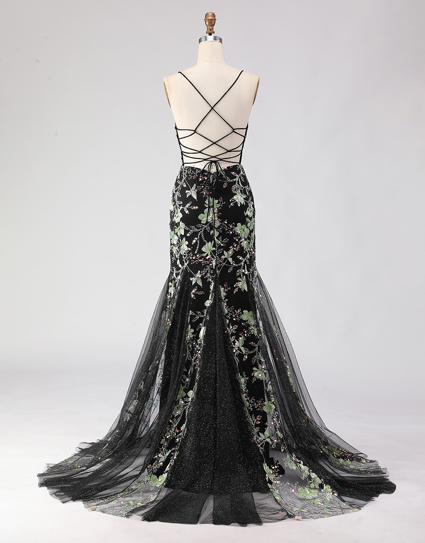 Sparkly Floral Black Beaded Corset Spaghetti Straps Long Prom Dress
