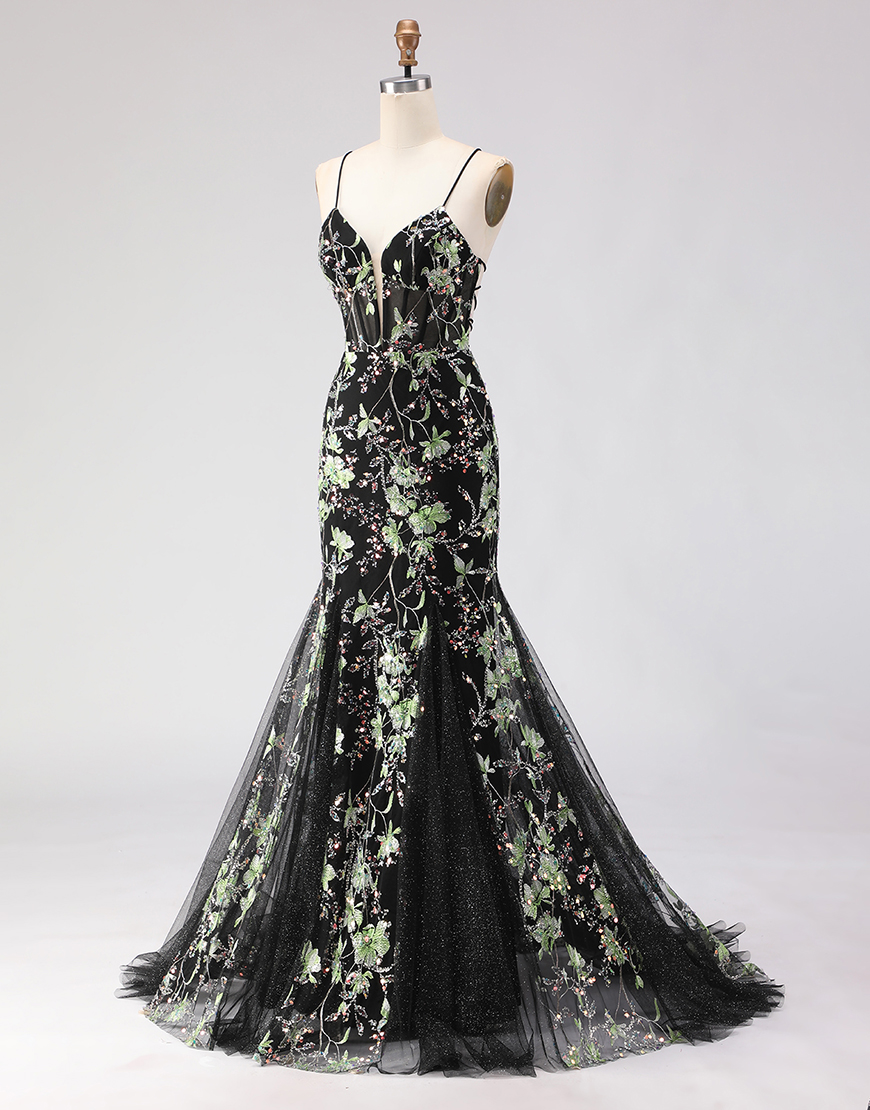 Sparkly Floral Black Beaded Corset Spaghetti Straps Long Prom Dress
