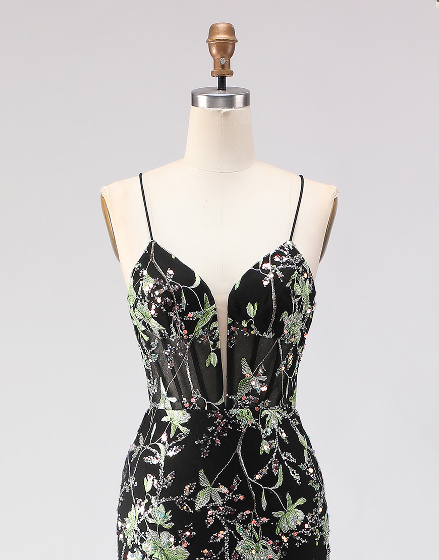 Sparkly Floral Black Beaded Corset Spaghetti Straps Long Prom Dress