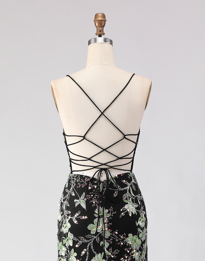 Sparkly Floral Black Beaded Corset Spaghetti Straps Long Prom Dress