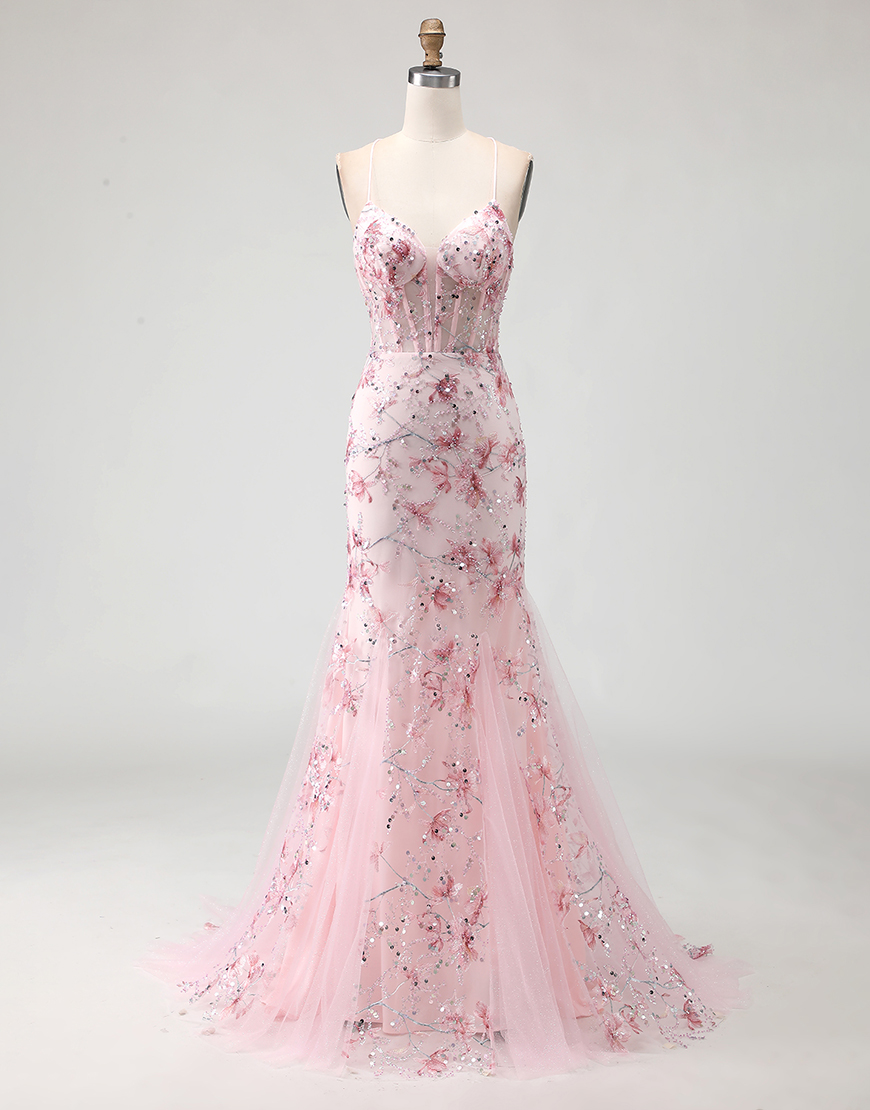 Sparkly Pink Floral Mermaid Beaded Spaghetti Straps Corset Long Prom Dress