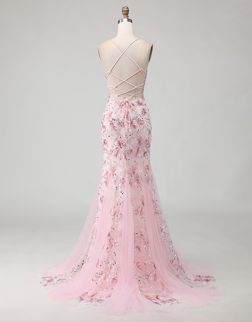 Sparkly Pink Floral Mermaid Beaded Spaghetti Straps Corset Long Prom Dress