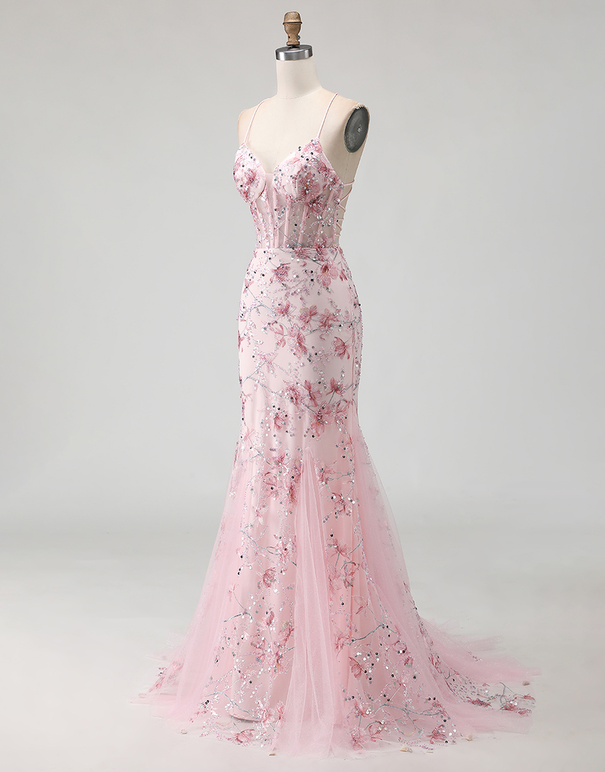 Sparkly Floral Black Beaded Corset Spaghetti Straps Long Prom Dress