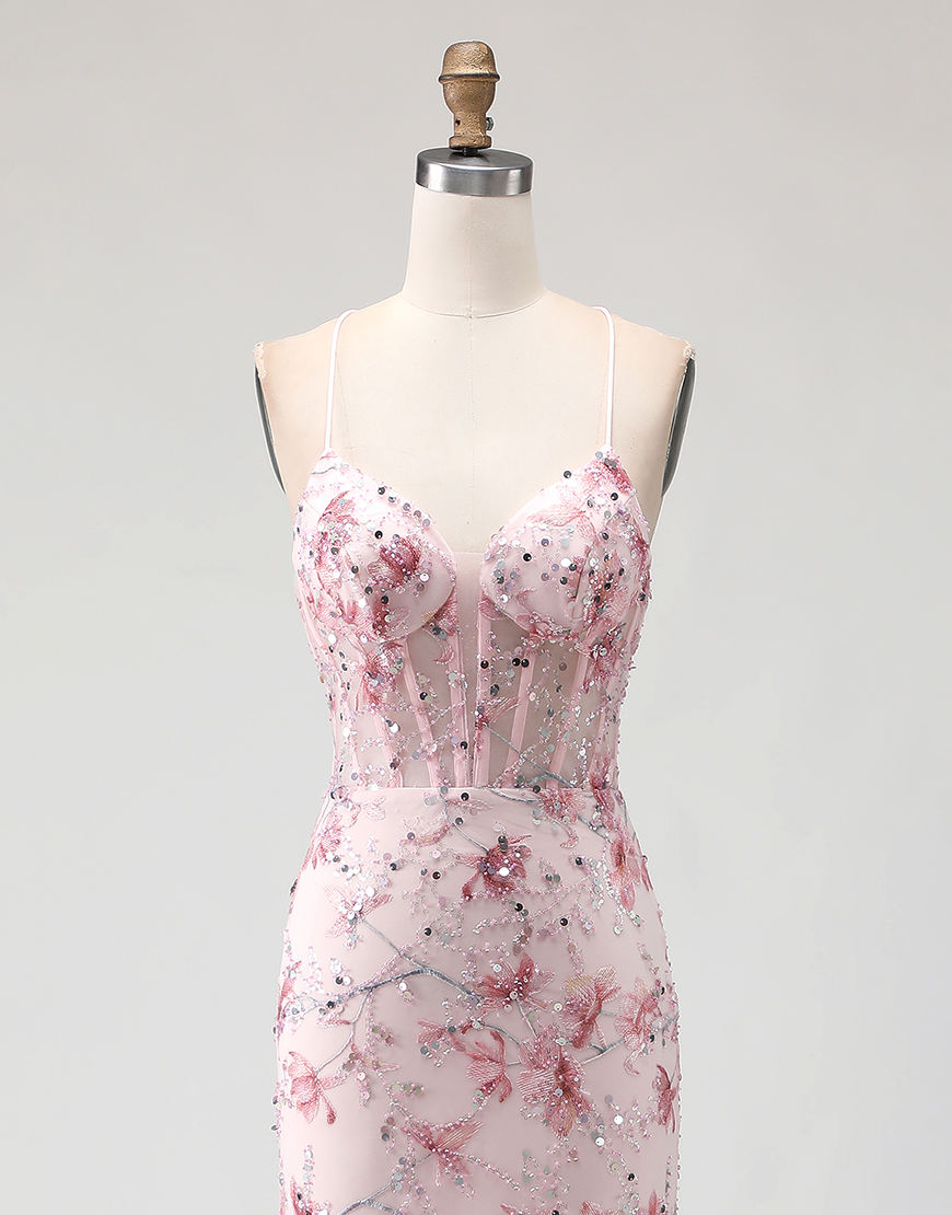 Sparkly Floral Black Beaded Corset Spaghetti Straps Long Prom Dress