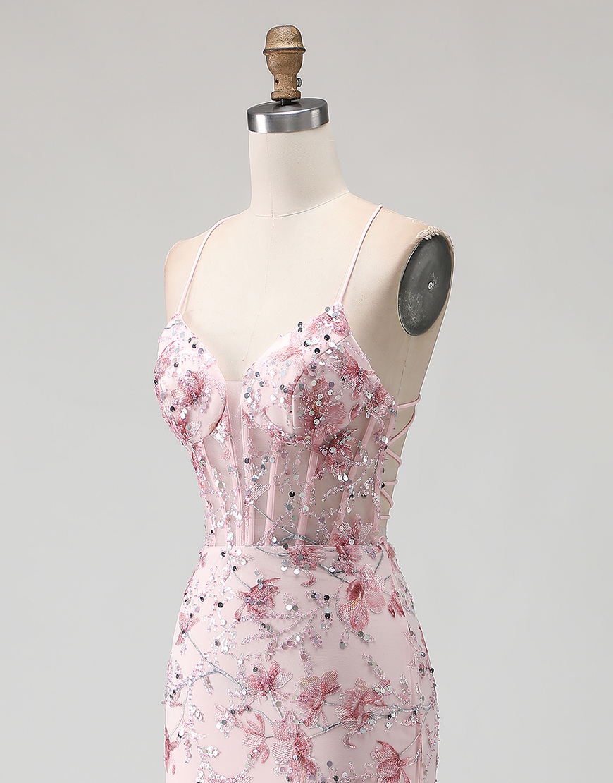 Sparkly Floral Black Beaded Corset Spaghetti Straps Long Prom Dress