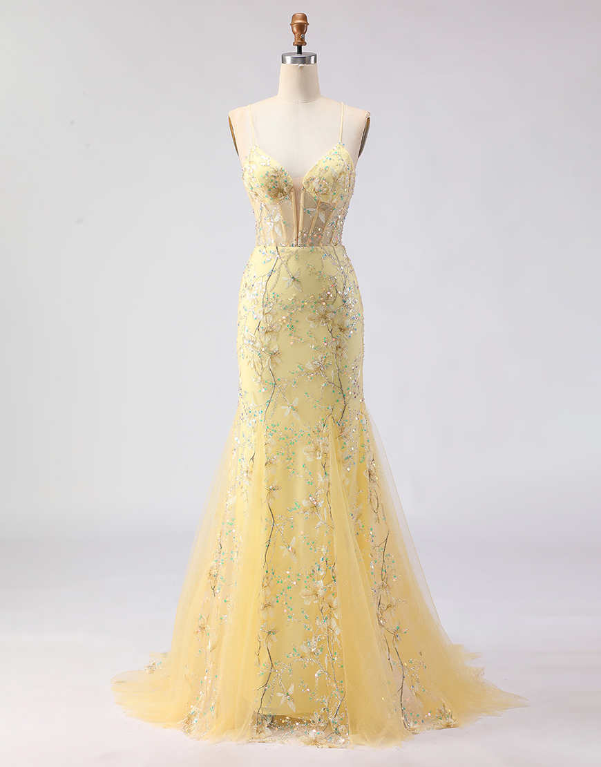 Sparkly Yellow Corset Mermaid Spaghetti Straps Floral Long Prom Dress with Beading