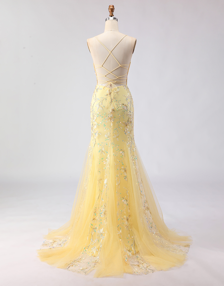 Sparkly Yellow Corset Mermaid Spaghetti Straps Floral Long Prom Dress with Beading