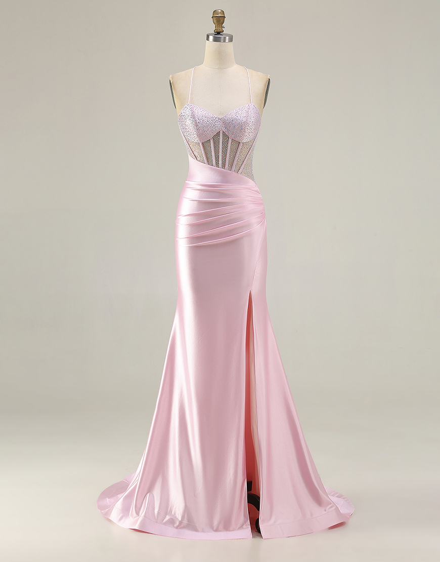 Berlinnova Women Sparkly Pink Corset Long Prom Dress with Slit Mermaid Beaded Spaghetti Straps Ruched Criss-Crossed Back Gala Dress