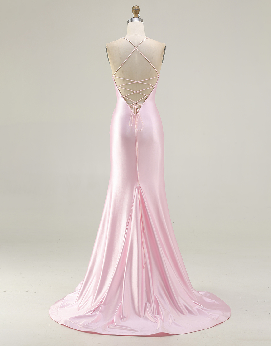 Sparkly Pink Mermaid Corset Long Prom Dress with Slit