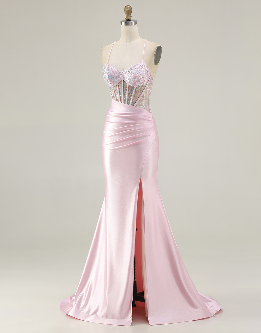 Sparkly Pink Mermaid Corset Long Prom Dress with Slit
