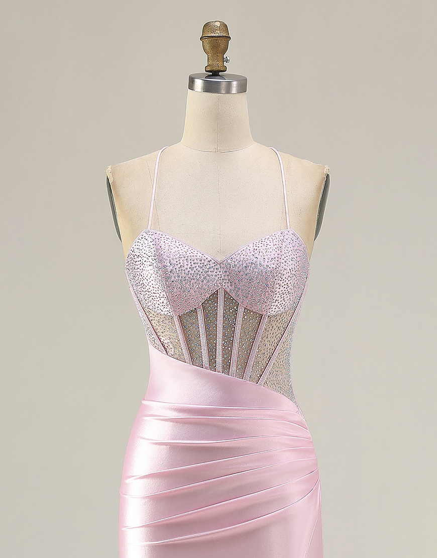 Sparkly Pink Mermaid Corset Long Prom Dress with Slit