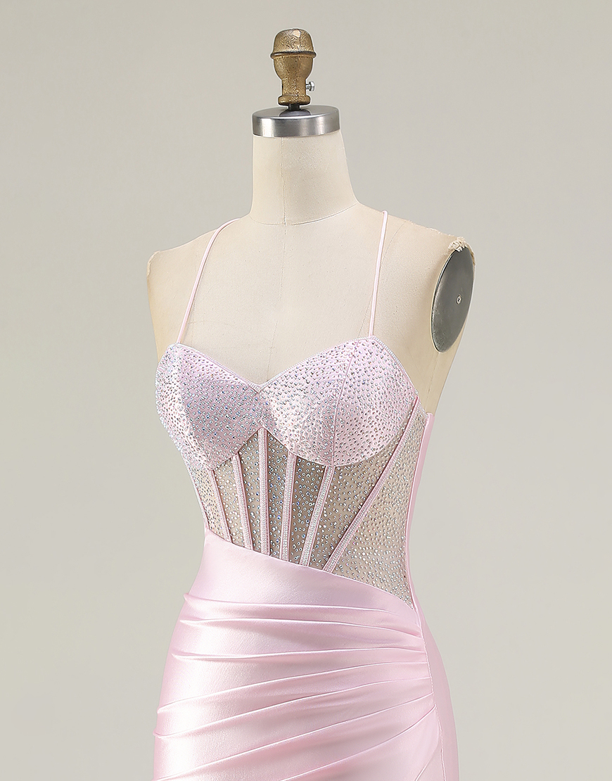 Sparkly Pink Mermaid Corset Long Prom Dress with Slit