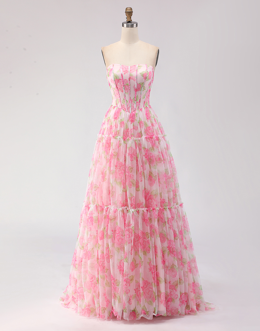 Floral Pink Corset A-Line Chiffon Long Prom Dress with Ruffles