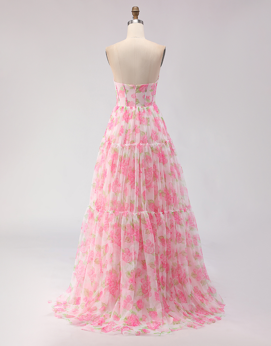 Floral Pink Corset A-Line Chiffon Long Prom Dress with Ruffles