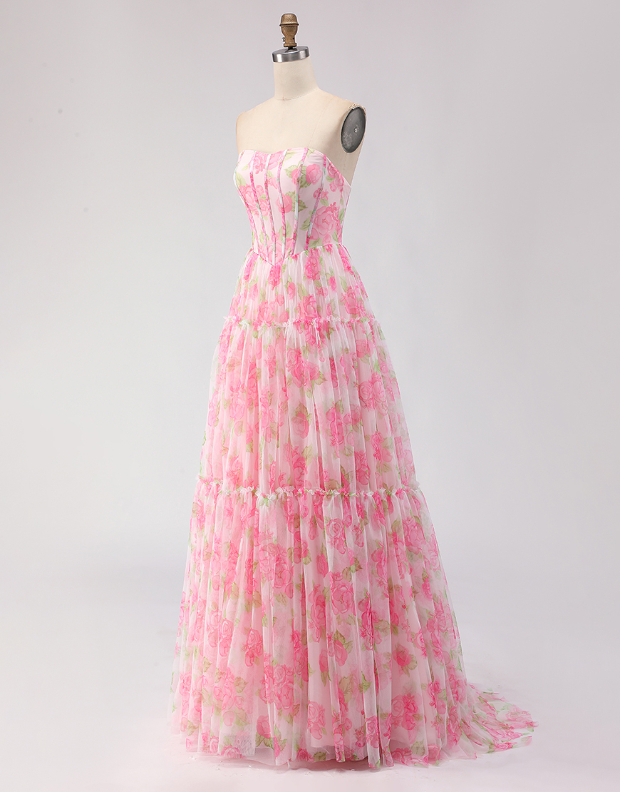 Floral Pink Corset A-Line Chiffon Long Prom Dress with Ruffles