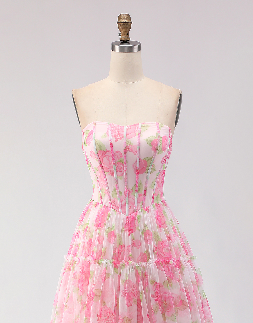 Floral Pink Corset A-Line Chiffon Long Prom Dress with Ruffles