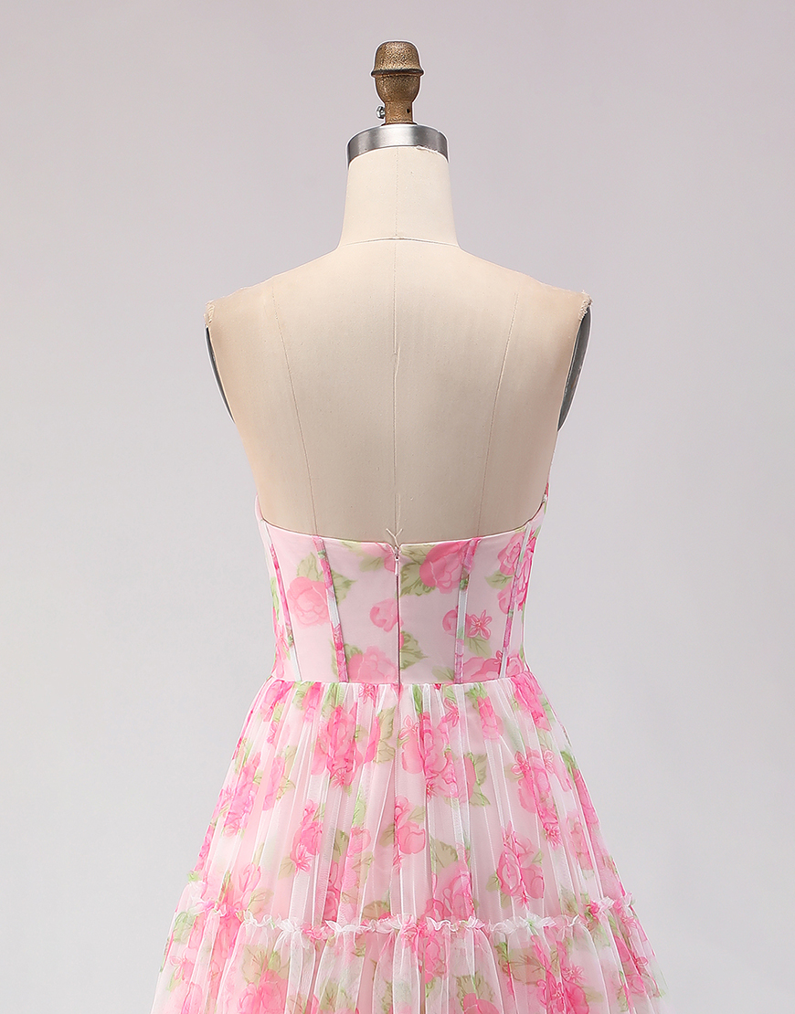 Floral Pink Corset A-Line Chiffon Long Prom Dress with Ruffles