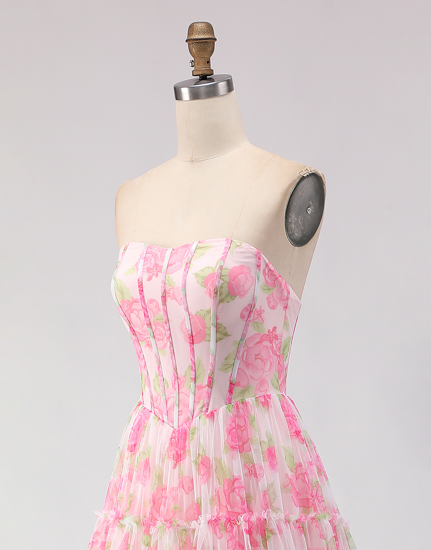 Floral Pink Corset A-Line Chiffon Long Prom Dress with Ruffles