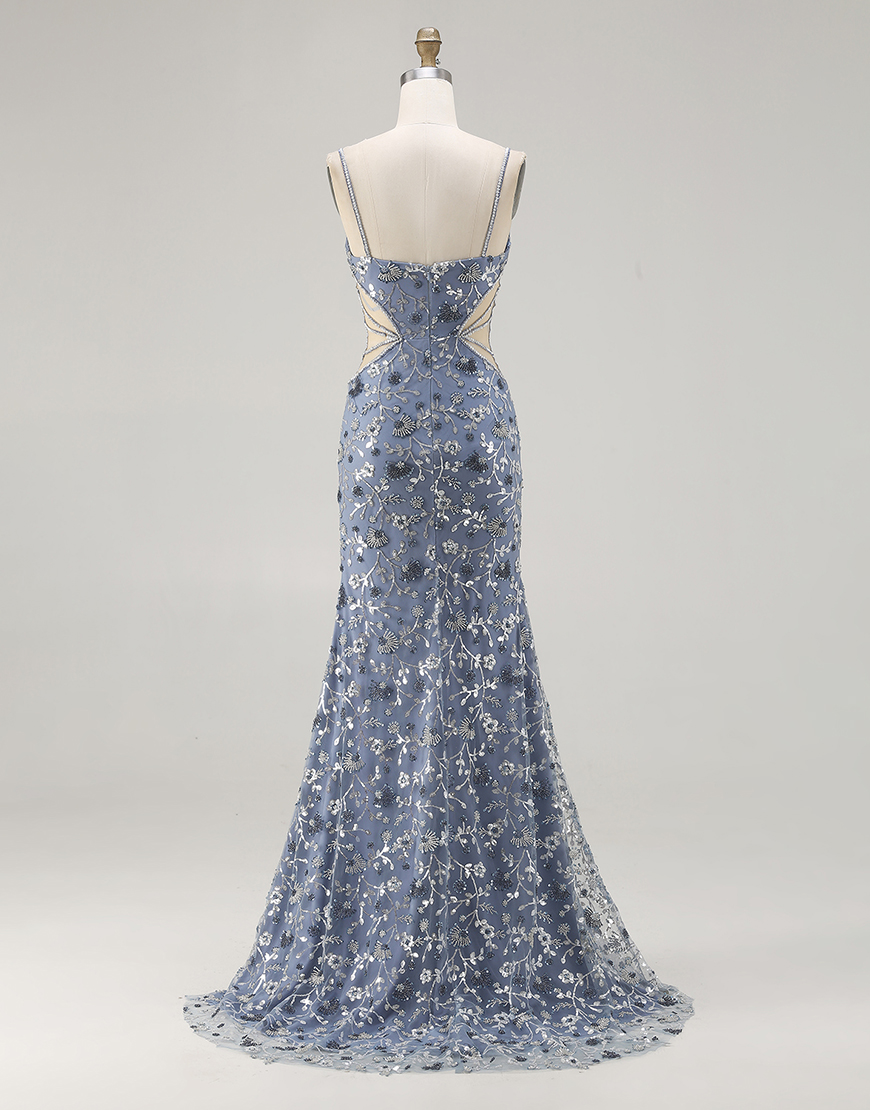 Sparkly Dusty Blue Floral Beaded Cut Out Long Prom Dress with Slit
