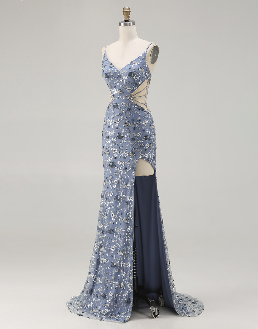 Sparkly Dusty Blue Floral Beaded Cut Out Long Prom Dress with Slit