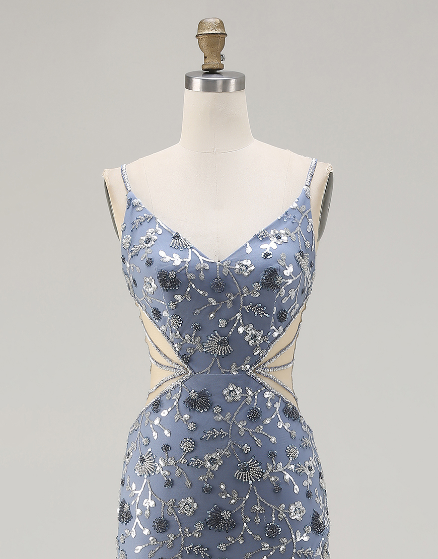 Sparkly Dusty Blue Floral Beaded Cut Out Long Prom Dress with Slit