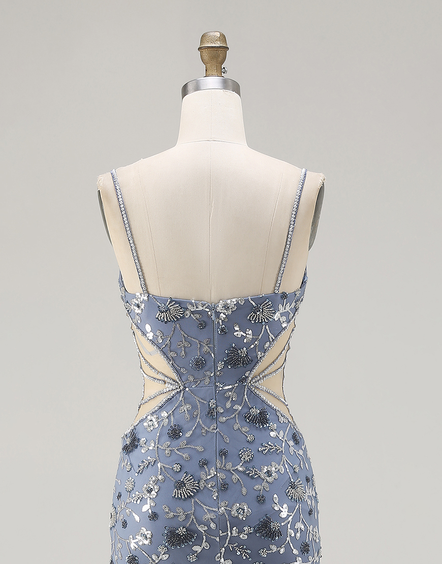 Sparkly Dusty Blue Floral Beaded Cut Out Long Prom Dress with Slit