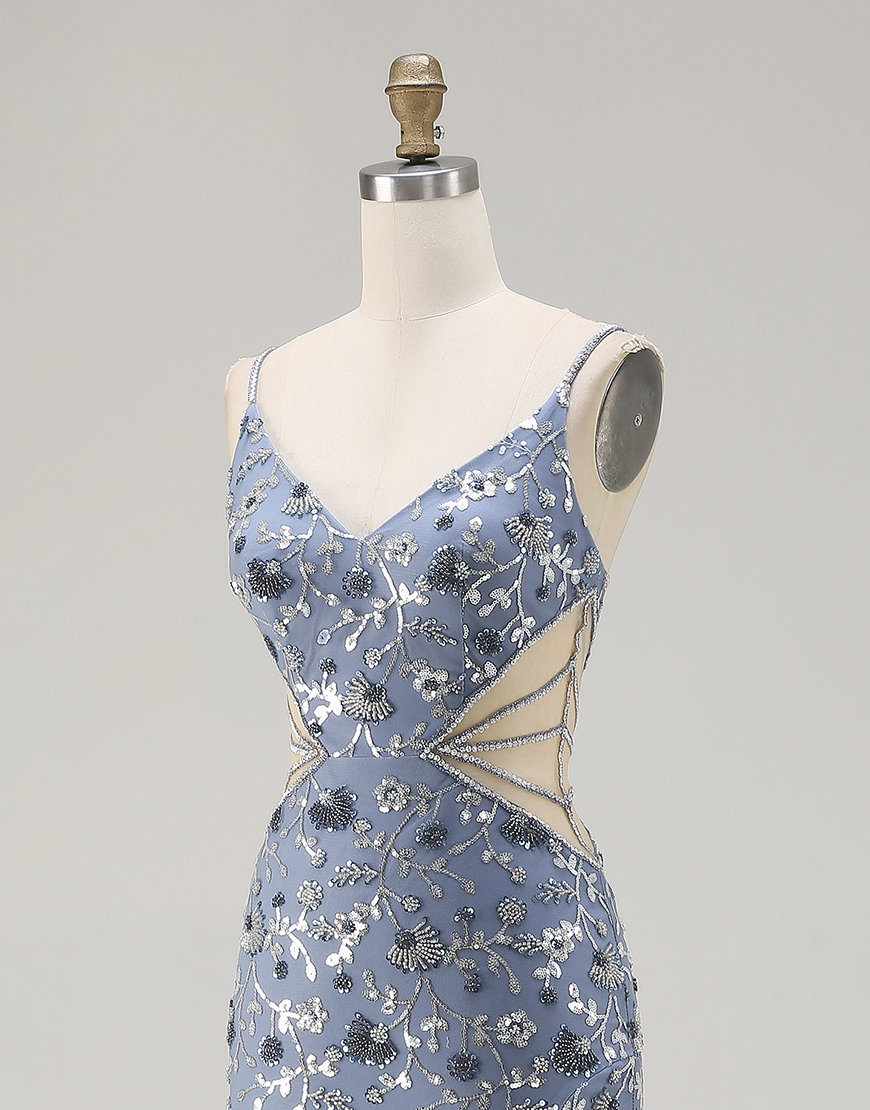 Sparkly Dusty Blue Floral Beaded Cut Out Long Prom Dress with Slit