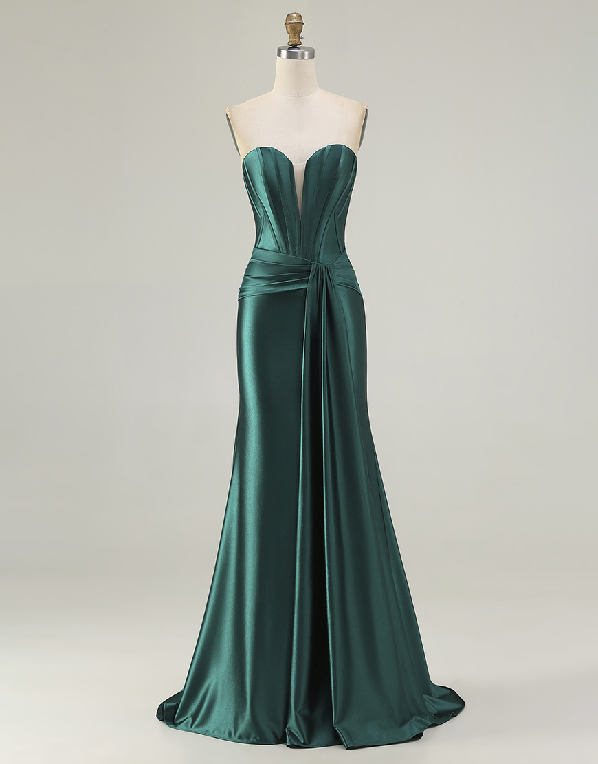 Dark Green Corset Mermaid Strapless Long Prom Dress