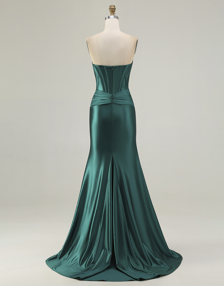 Dark Green Corset Mermaid Strapless Long Prom Dress