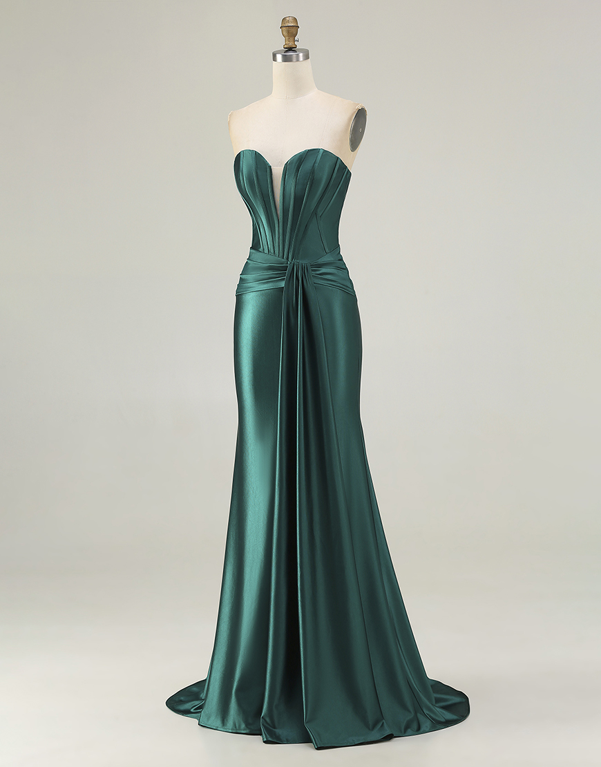 Dark Green Corset Mermaid Strapless Long Prom Dress