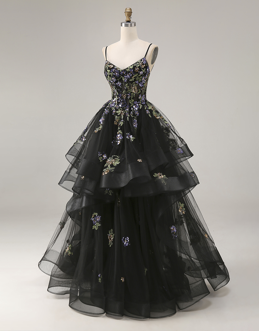 Sparkly Black Sequins Tulle A Line Long Prom Dress with Ruffles