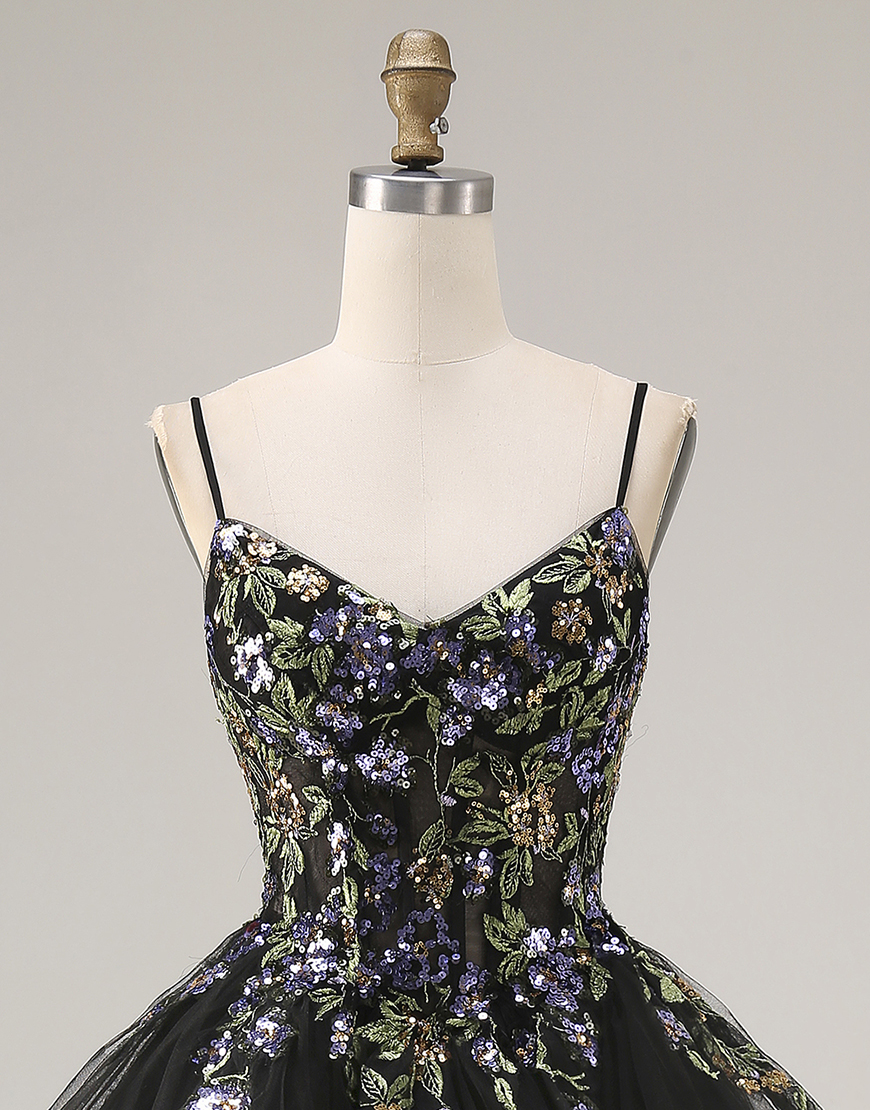 Sparkly Black Sequins Tulle A Line Long Prom Dress with Ruffles