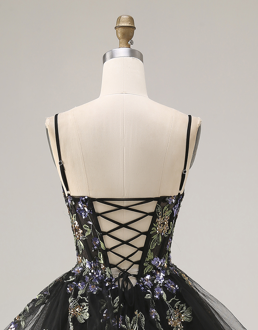 Sparkly Black Sequins Tulle A Line Long Prom Dress with Ruffles